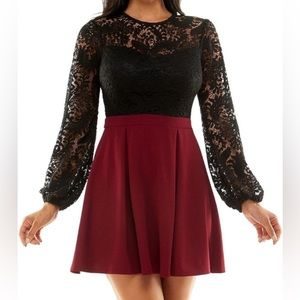 B Darlin Women’s Size 13/14 Maroon Zippered Pleated Lace Sheer Fit & Flare Dress